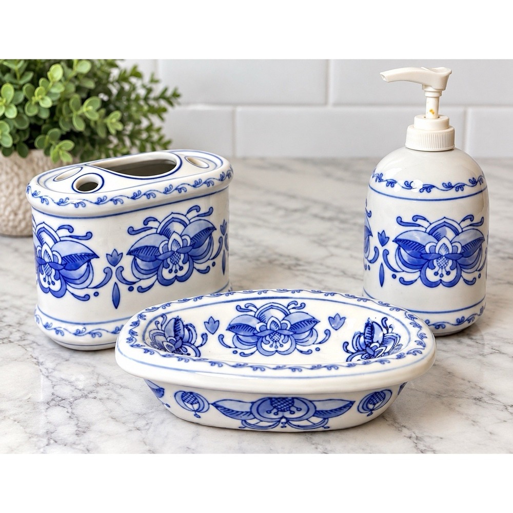 Blue White Ceramic Bathroom Vanity Set 3pc Floral Soap Dish Dispenser Holder